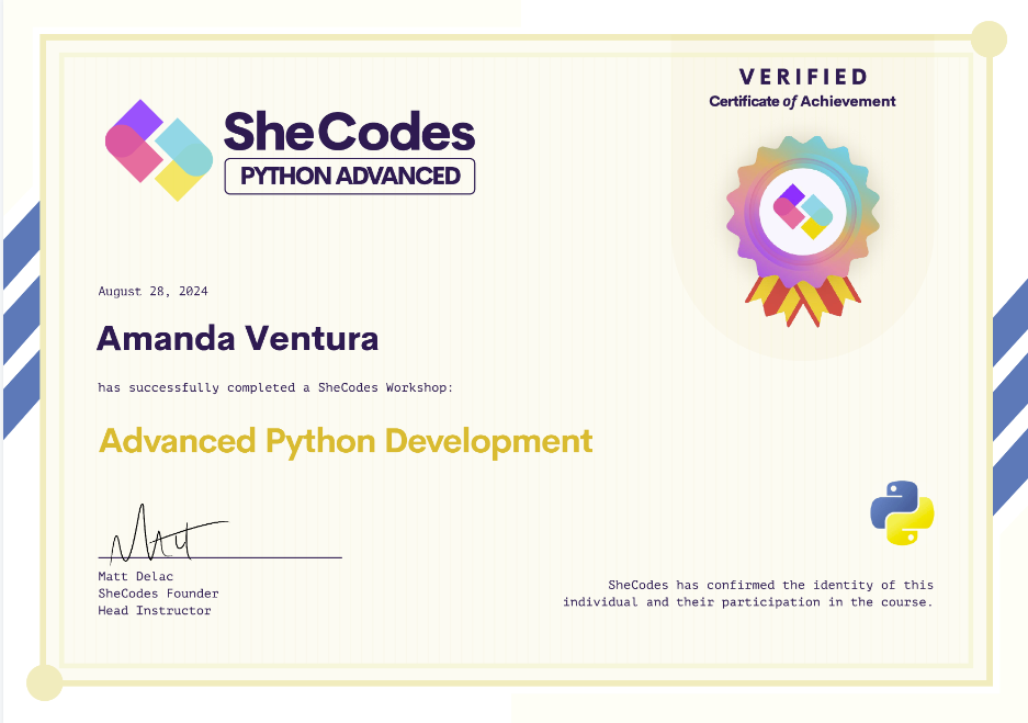 Amanda's Advanced Python Development Certificate